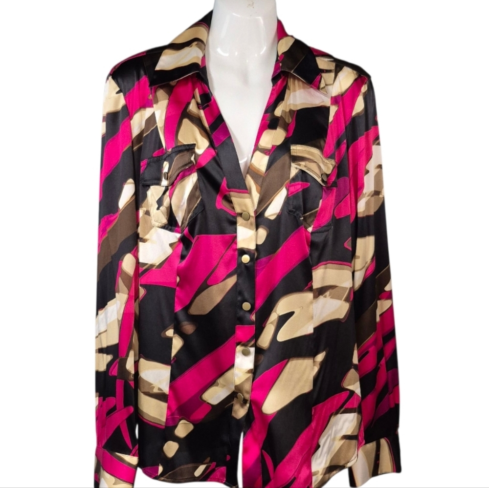 Cache Silk Blouse Top Snap Close Pink Black Brown Retro Women's Size XL